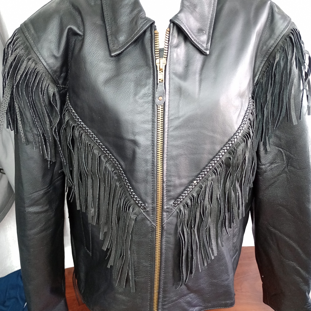 USA Bikers Dream  Black Leather Fringe Jacket.Womens Size 14